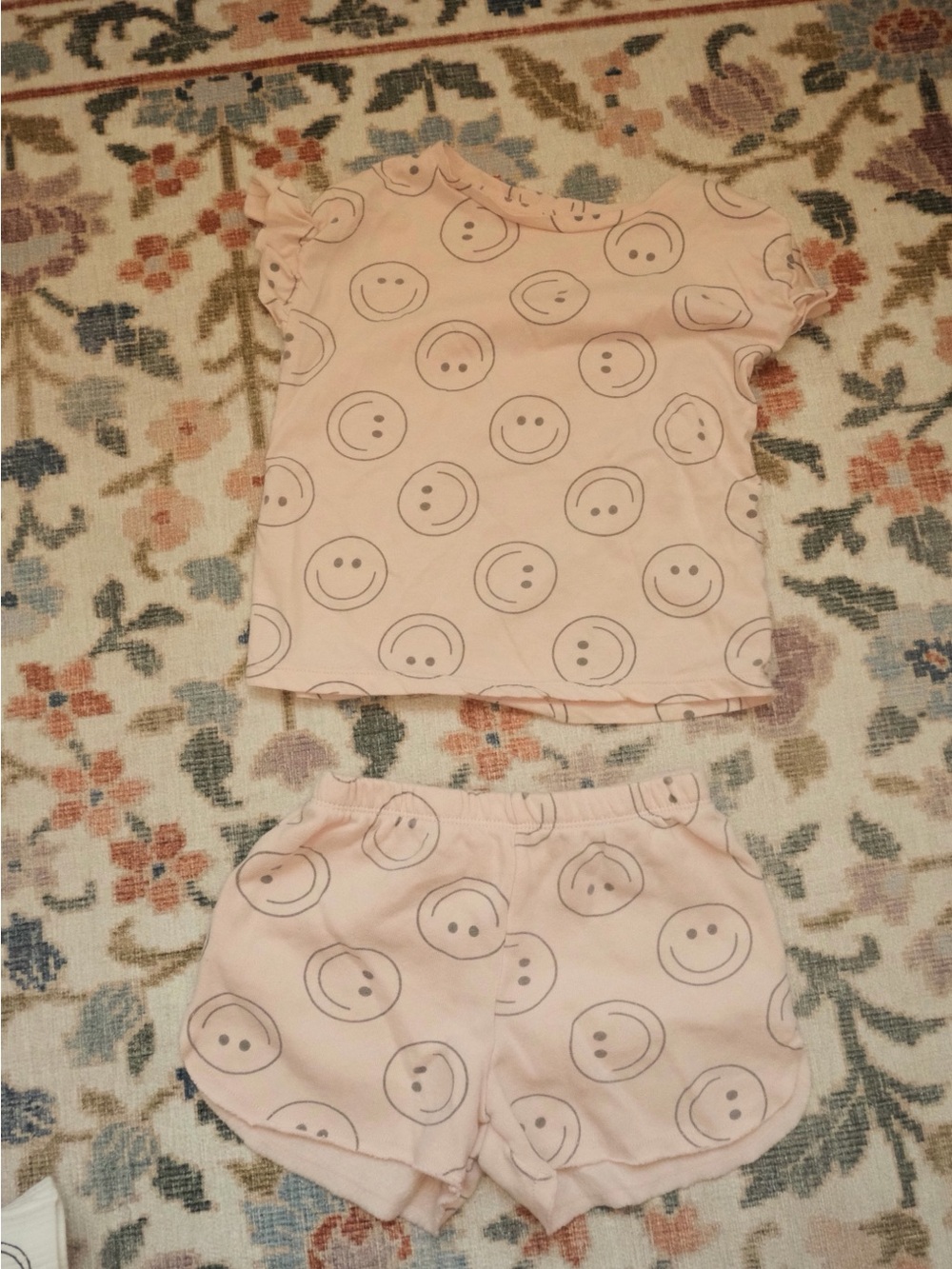 Light Pink Smiley Face Kids Pajama Set - Short Sleeve Top & Shorts
